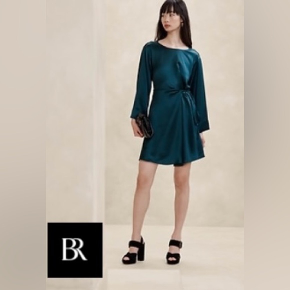NWT Banana Republic Treccia Hammered Satin Dress Size L Monsoon teal